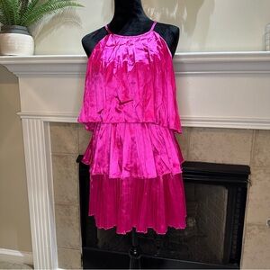 Hot Pink Tiered Pleated Ruffle Mini Dress size Medium Wedding Guest Party Dress